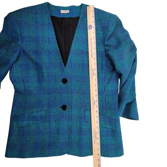 Ann May VTG Silk Blazer Teal Green Sz 14 '80s Shoulder Pads Faux Pockets - Picture 9 of 12